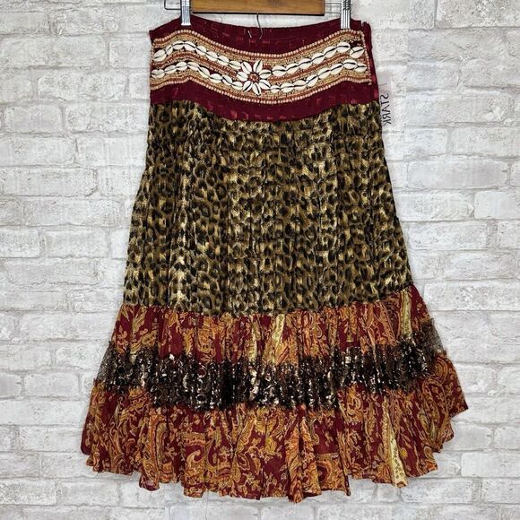 Sandy Starkman Multi-Color Patterned Maxi Skirt Tiered Beaded Shells Size M Boho